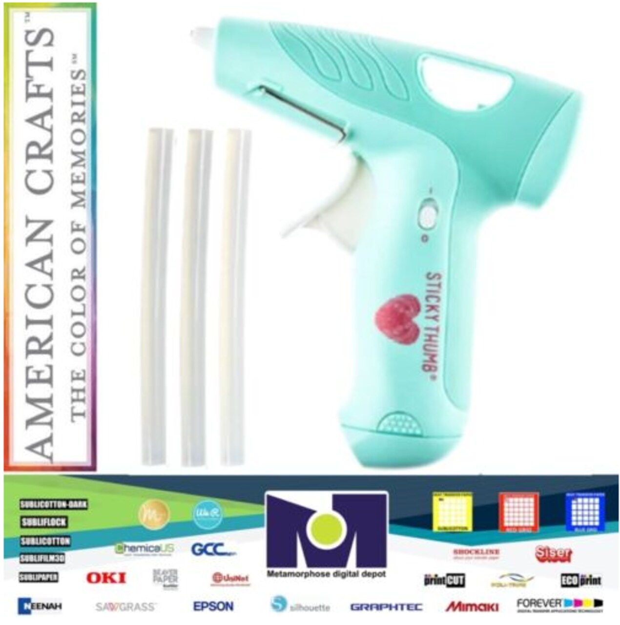 American Crafts 340278 Sticky Thumb Cordless Mini Hot Glue Gun-Blue and Sticks (4 pieces pack (gun and 3 sticks) )